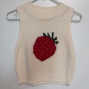 Cream Knit Sweater Vest with Strawberry Design